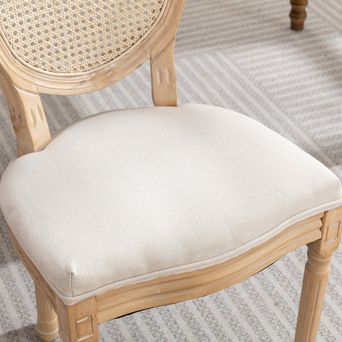 French Style Solid Wood Frame Antique Painting Linen Fabric Rattan Back Dining Chair (Set of 2)