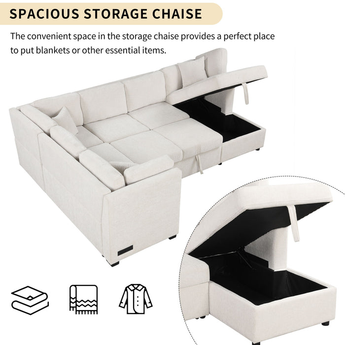 U-Shaped Sectional Sofa Pull Out Sofa Bed With Two USB Ports, Two Power Sockets, Three Back Pillows And A Storage Chaise For Living Room