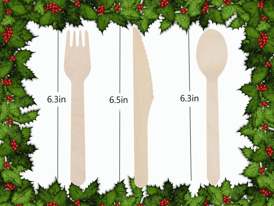 Wooden Compostable Utensils Set 300 Pieces 100 Forks 100 Spoons 100 Knives Sturdy Wood Disposable Cutlery Eco Friendly Biodegradable Utensils For Party Free From Plastic Cutlery Set For Eating - Natural Wood