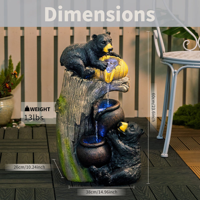Bear Tree Stump Outdoor Water Fountain With LED Lights - Brown Gray