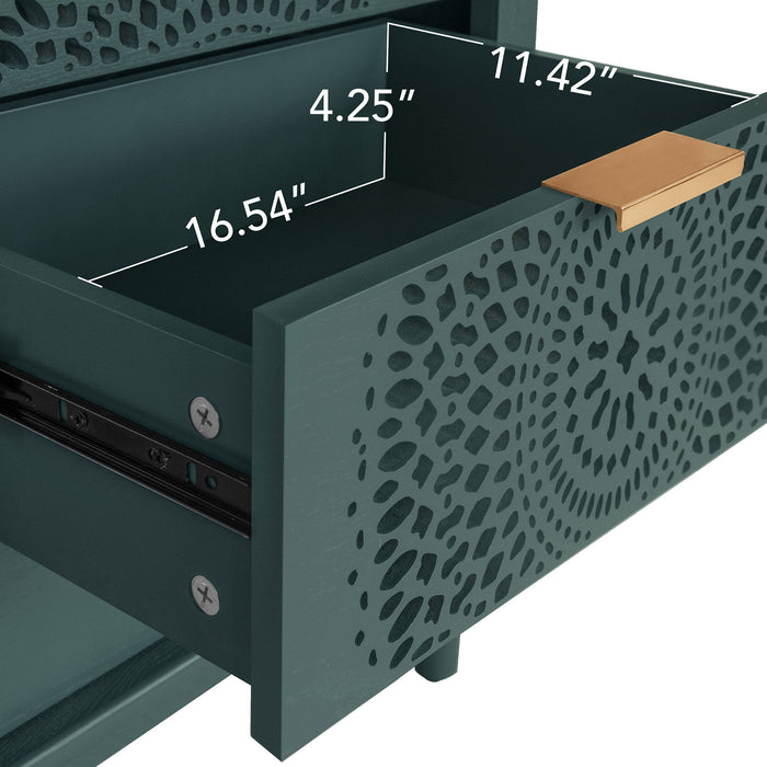 Hollow Carved 3 Drawer Dresser With Metal Handles, Storage Chest For Living Room Or Bedroom - Blackish Green