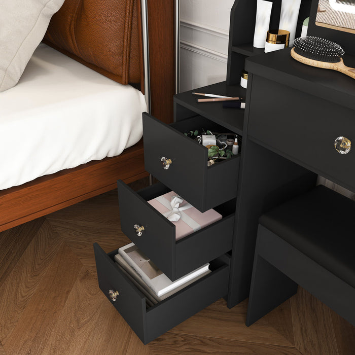 Vanity Desk With 3 LED Lighting Modes, 4 Drawers, Open Shelves, Hair Dryer Holder & Power Socket Dressing Table Set With Chair - Black