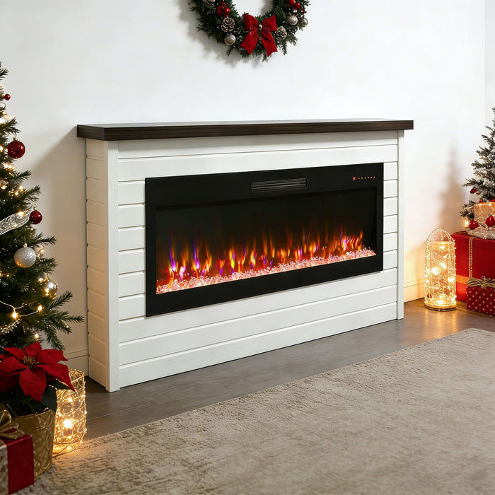 65" Electric Fireplace With Wall Mantel, 50" Fireplace Insert Heater, Remote Control, Timer For Living Room - Antique White