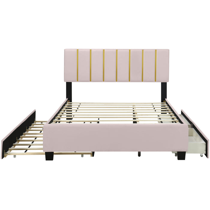 Upholstered Platform Bed With 2 Drawers And 1 Trundle, Classic Strip Headboard Design