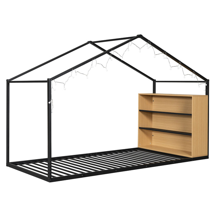 Bed House Frame With Shelves And Lights