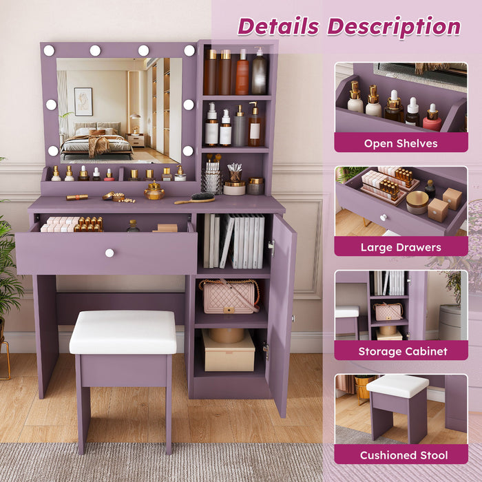 Vanity Desk Set With Padded Stool And Adjustable LED Mirror, 3 Color Light Modes - Purple