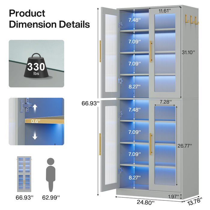 Bookcase With Doors And LED Lighting, 8 Adjustable Shelves Storage Cabinet