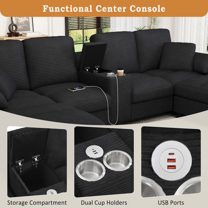 Modern U - Shaped Sectional Sofa With Storage Ottomans, USB Ports, And Cup Holders
