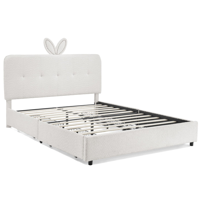 Upholstered Bed With Oversized Rabbit Ear Headboard, LED Lights & 4 Storage Drawers