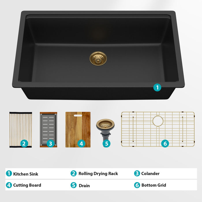 Quartz Composite Kitchen Sink With Undermount Design, Durable Single Bowl Workstation