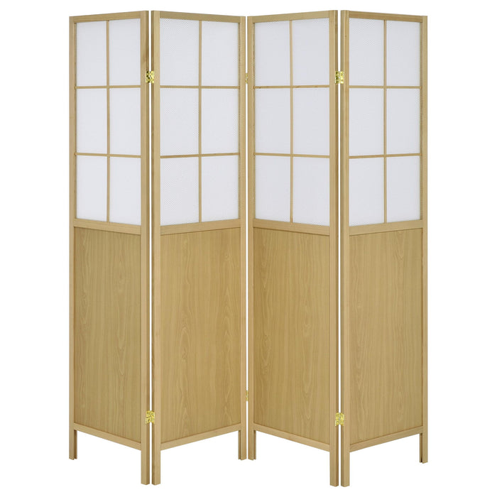 Gabby - 4 Panel Divider Folding Shoji Screen With Windowpane Details - Natural