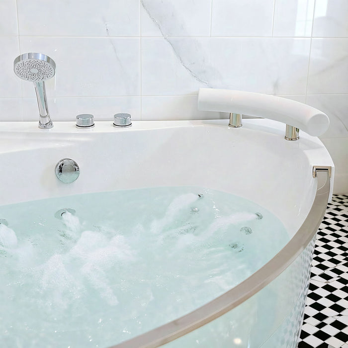 Korra - 2 Person Acrylic Corner Whirlpool Bathtub With Hydro Massage, Rainbow Light, Heater - Milk White