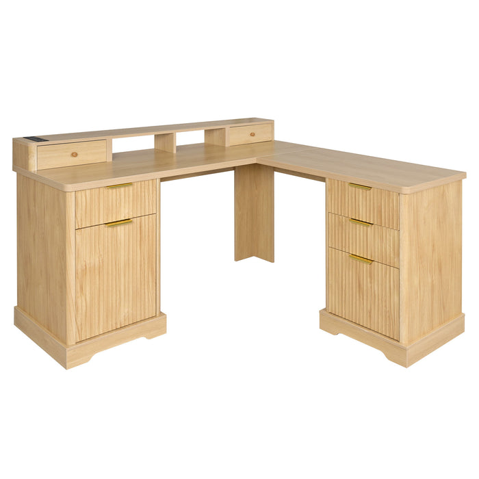 Fluted L-Shaped Desk With Charging Station & Storage Cabinet