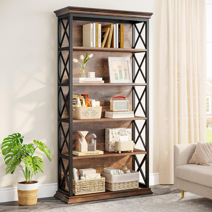 6 Tier Industrial Brown & Bookshelf With X Pattern Design - Rustic Brown