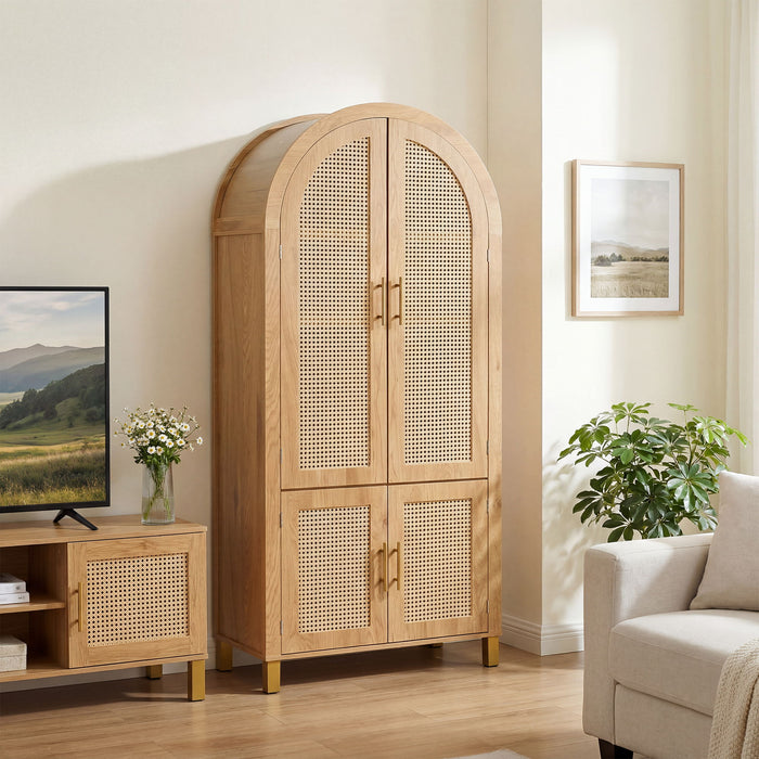 Tall Arched Cabinet With Rattan Doors & Adjustable Shelves