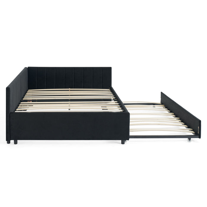 Full Size Upholstered Daybed With Trundle, Tufted Backrest And Armrests - Black