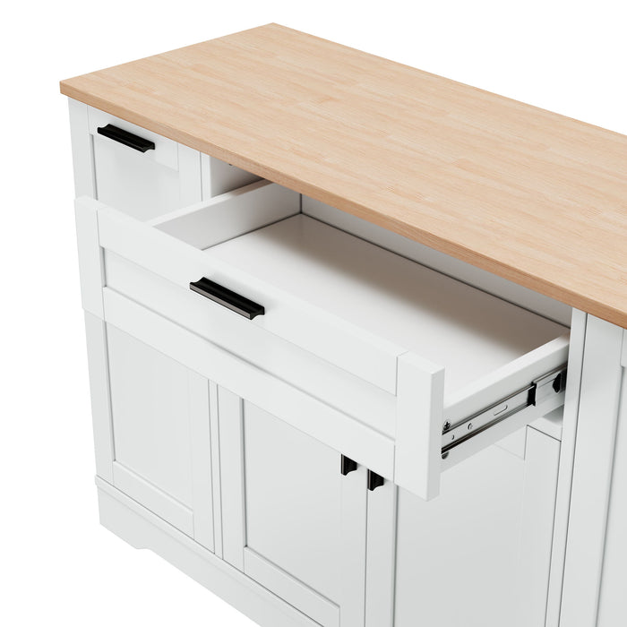 Sideboard With Extendable Table, Adjustable Shelves, 3 Tier Pull Out Rack - White