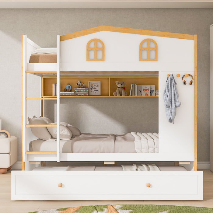 Full Over Full Bunk Bed With Storage Shelves And Trundle - White / Natural