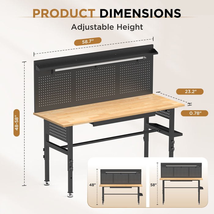 Adjustable Height Workbench, Includes Drawers, Power Outlet, LED Light, Wheels Or Leveling Feet - Black