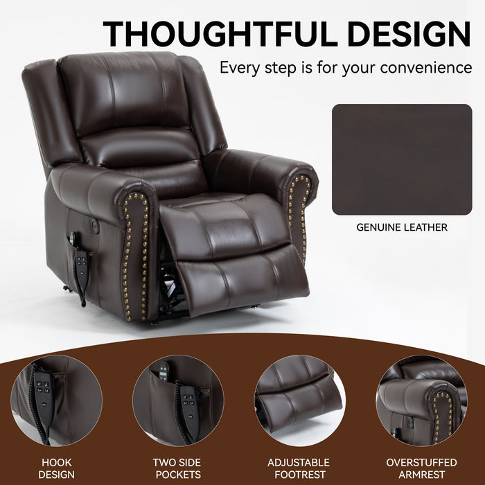 Power Lift Recliner Chair Heat Massage Dual Motor Infinite Position With USB Ports - Antique Brown