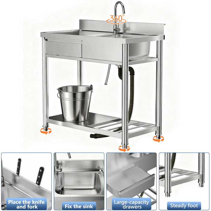 Outdoor Utility Sink With Workbench & Storage Shelf, Freestanding Prep Table With Left Drawer, Garden Patio Sink Station With 360° Hot & Cold Water Faucet - Silver
