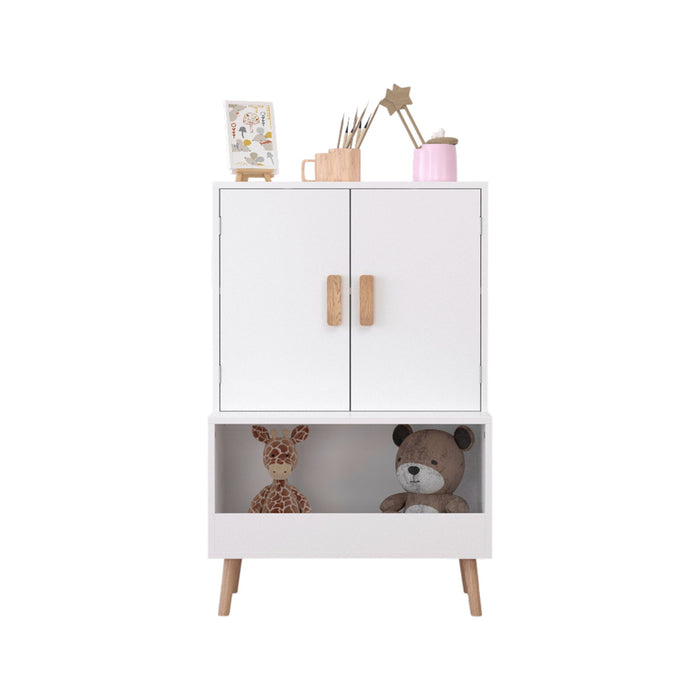 Toy Storage Cabinet With Doors And Open Shelf, Toddler Bookshelf For Playroom - White