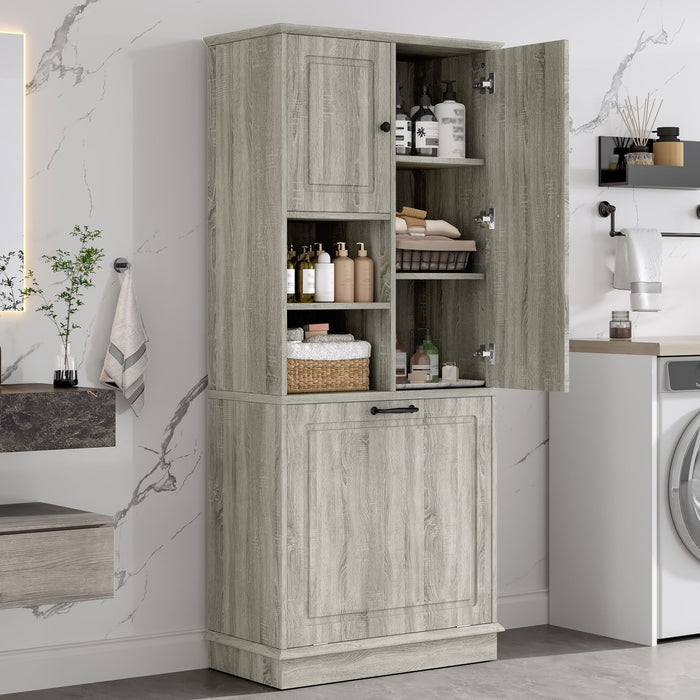 Modern Tall Storage Cabinet With Adjustable Shelves, Flip-Out Basket & Enclosed Doors