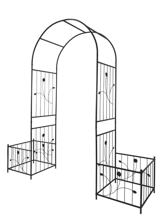 Metal Garden Arch With Two Plant Stands Wide High Climbing Plants Support Rose Arch Outdoor - Black