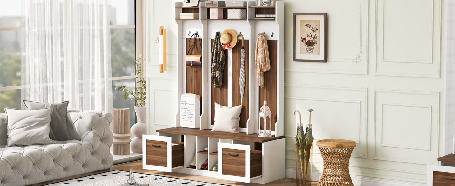 5 In 1 Entryway Bench With Coat Rack, 7 Sturdy Hooks, 2 Spacious Drawers And Adjustable Shelves
