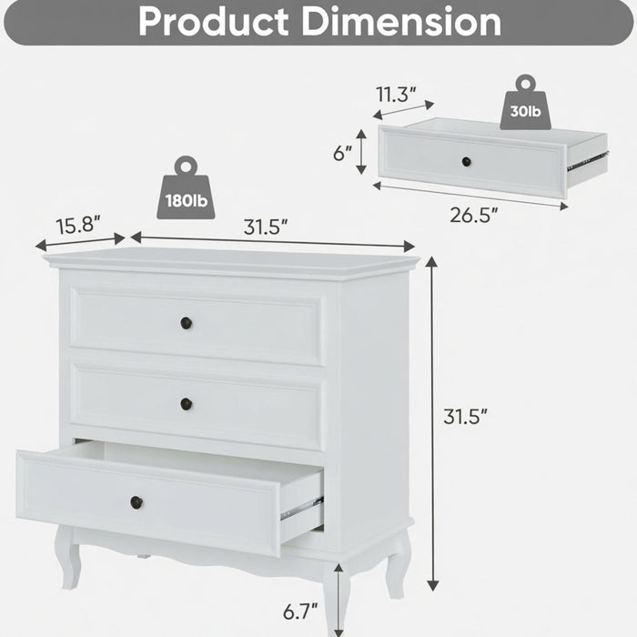 3 Drawer Dresser - White