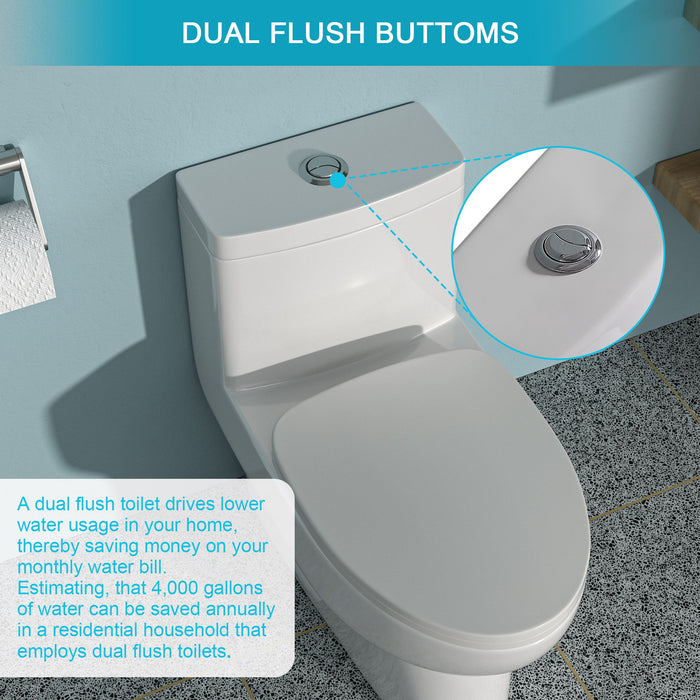 Modern Ceramic 1 Piece Toilet With Dual Flush And Soft Closing Seat - White