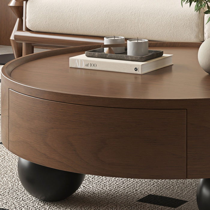 Round Coffee Table With Storage Drawer And Ball Feet - Walnut / Black