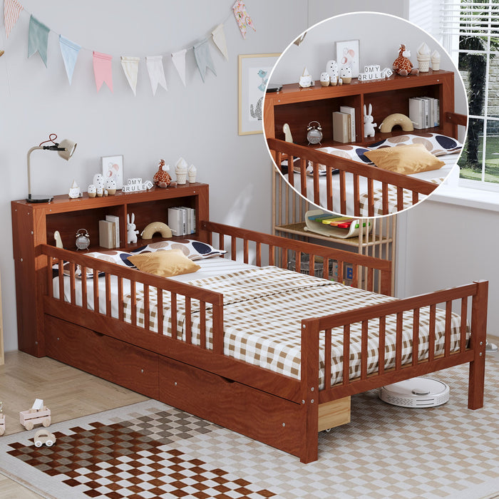 Bed With Headboard Storage Rack, 2 Under Bed Drawers, 3 Side Guardrails For Safety