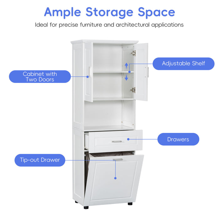 Tall Bathroom Cabinet With Tilt-Out Laundry Basket And Upper Storage