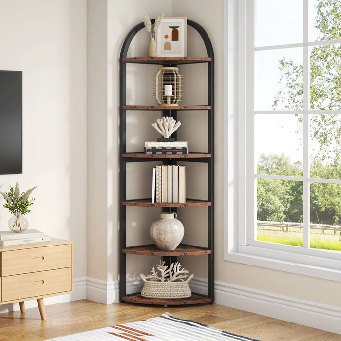 Tall 6 Tier Corner Shelf, Freestanding Bookshelf For Living Room - Rustic Brown