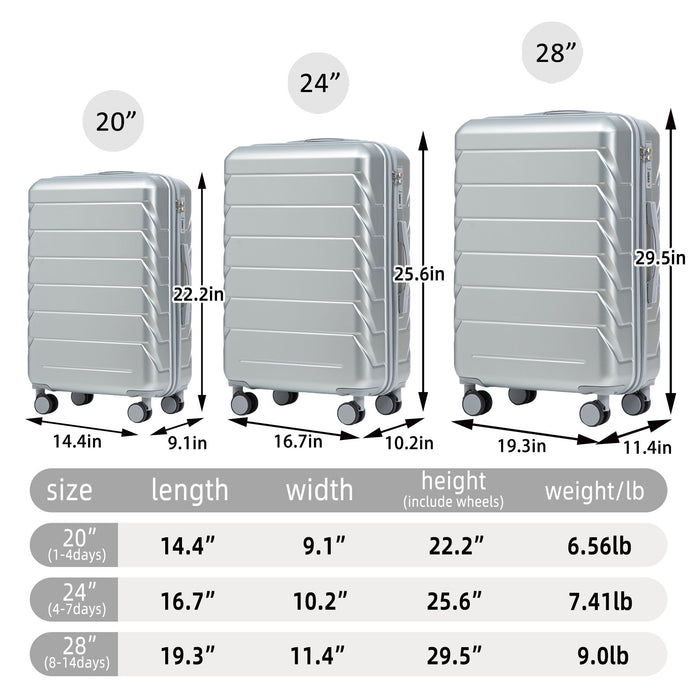 3 Pieces Set 20" / 24" / 28" Spinner Wheel Luggage With Combination Lock