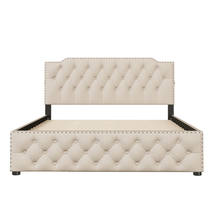 Upholstered Platform Bed With Trundle And 2 Sets Of USB Ports On Each Side, Linen Fabric
