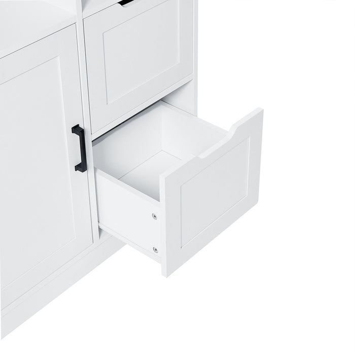 Freestanding Bathroom Storage Cabinet With Doors And Drawers, Adjustable Shelf, Open Shelves - White