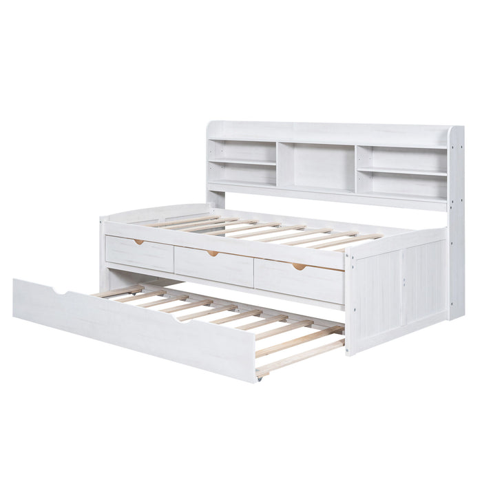 Captain Bed With Built In Bookshelves, 3 Storage Drawers, And Trundle