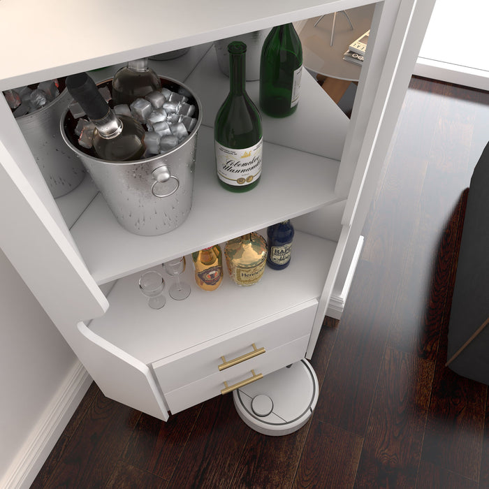 Corner Bar Cabinet With Mirrored Back, 2 Open Shelves & 2 Drawers, High Legs For Easy Cleaning