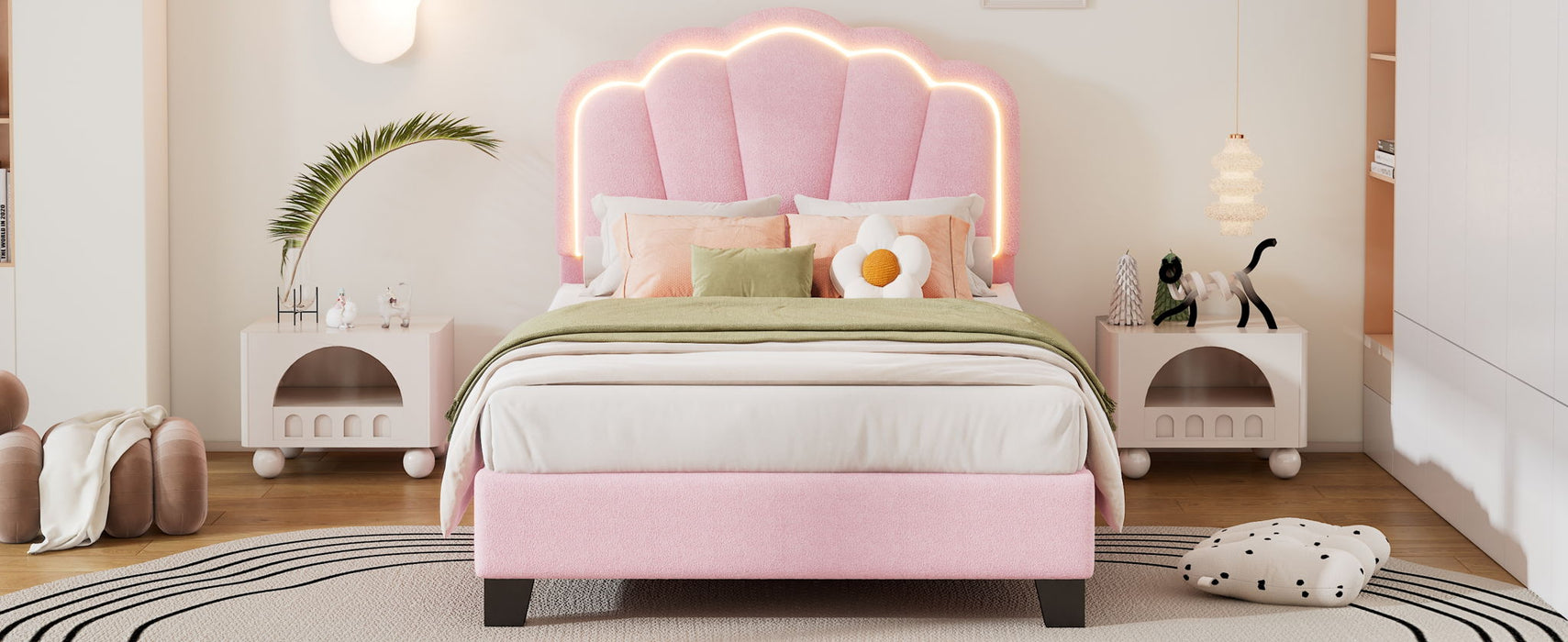 Upholstered Elegant Flowers Headboard With LED Light Strip, Platform Bed With Slats Support