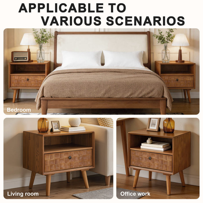 Nightstand With Carved Geometric Drawer Front, 1 Drawer And Open Shelf