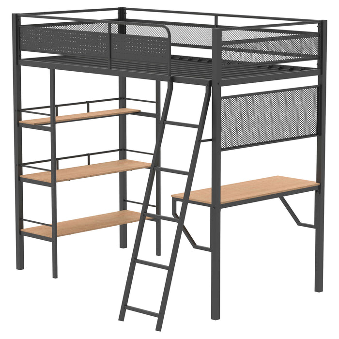 William - Twin Loft Bed 3 Shelf With Built In Desk - Matte Black