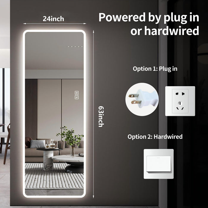 LED Full Length Mirror With Lights, Wall Mounted Full Body Mirror, Dimmable 3 Color Lighting, Anti Fog, Shatter Proof, Memory Function - Clear
