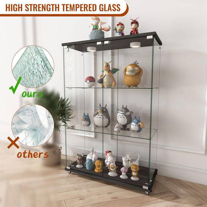 Modern Display Cabinet With LED Lights, Transparent Tempered Glass 2 Door Storage Case With 3 Shelves