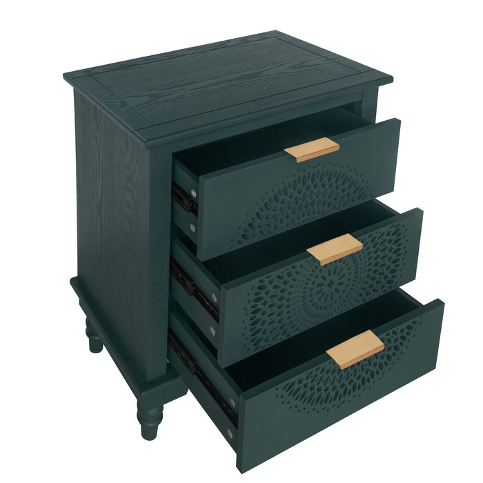Hollow Carved 3 Drawer Dresser With Metal Handles, Storage Chest For Living Room Or Bedroom - Blackish Green