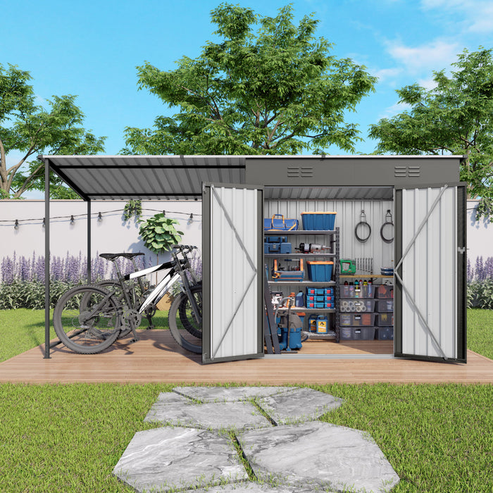 Lean To Shed With Open Sided Pergola, Outdoor Storage Shed & Attached Hardtop Gazebo Combo - Gray