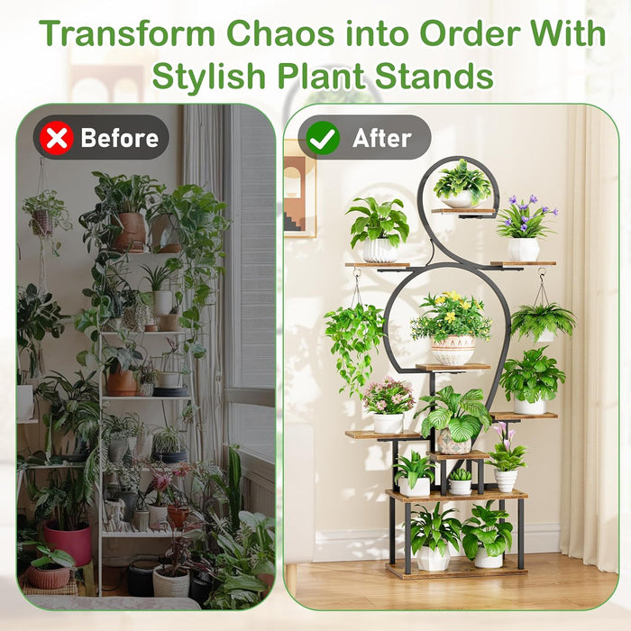 Plant Stand Indoor With Grow Light, 9 Tiered 63" Tall Indoor Plant Shelves For Multiple Plants - Walnut / Black