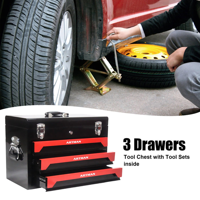 Portable 20" Steel Tool Box With 3 Drawers And Metal Latch Closure - Black / Red