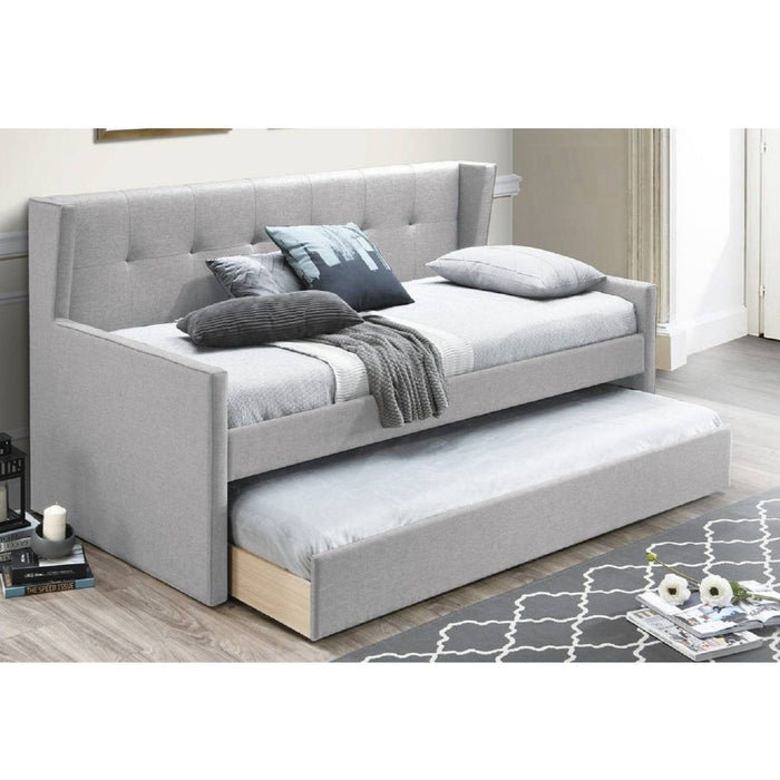 Daybed With Slat Trundle, Button Tufted - Light Gray